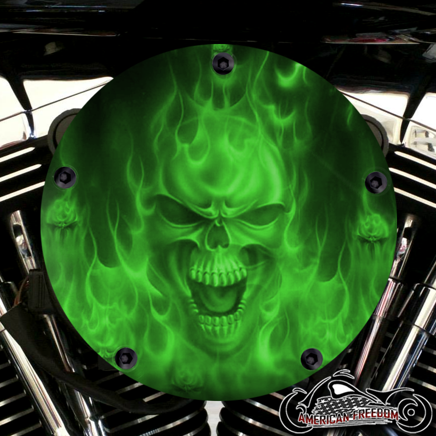 Harley Davidson High Flow Air Cleaner Cover - Green Flame Skull